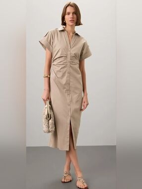Saunders Beige Ruched Shirt Dress Size 8 MSRP $335